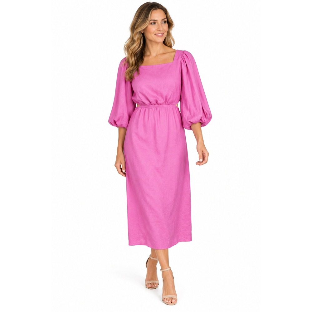 Ann Taylor Linen Midi Dress Pink Puff Sleeve Cutout Size 8 Summer Cottagecore